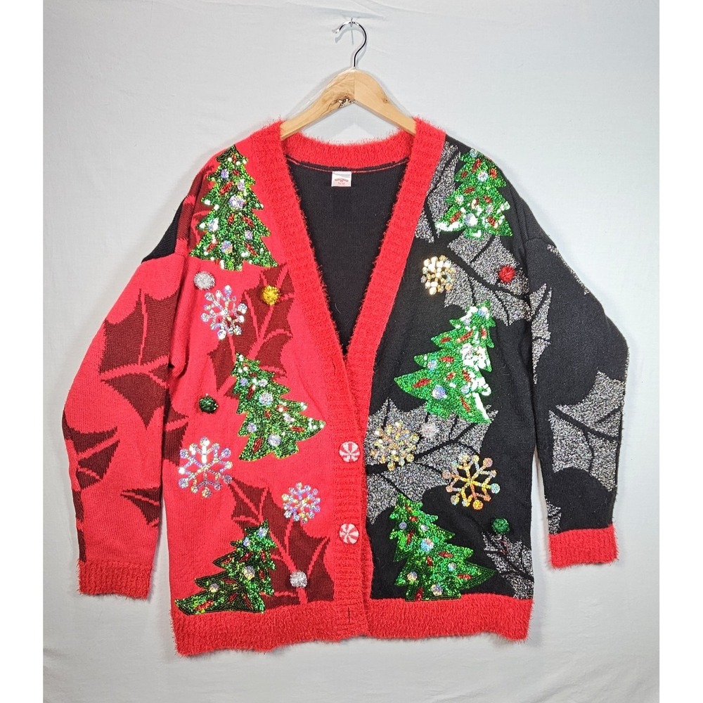 Holiday Time Xmas Cardigan Sweater XL Ugly Christmas‎ Tree Lights Pom Pom
